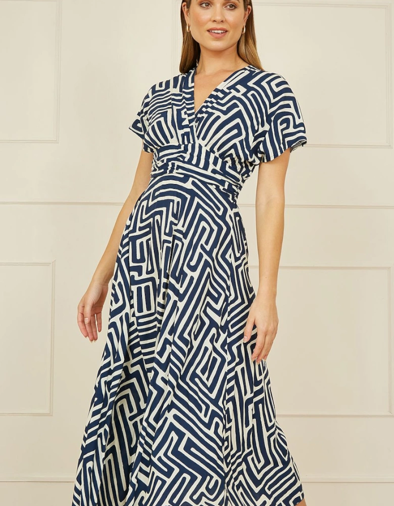 Navy Geometric Print Ruched Waist Midi Dress With Kimono Sleeves