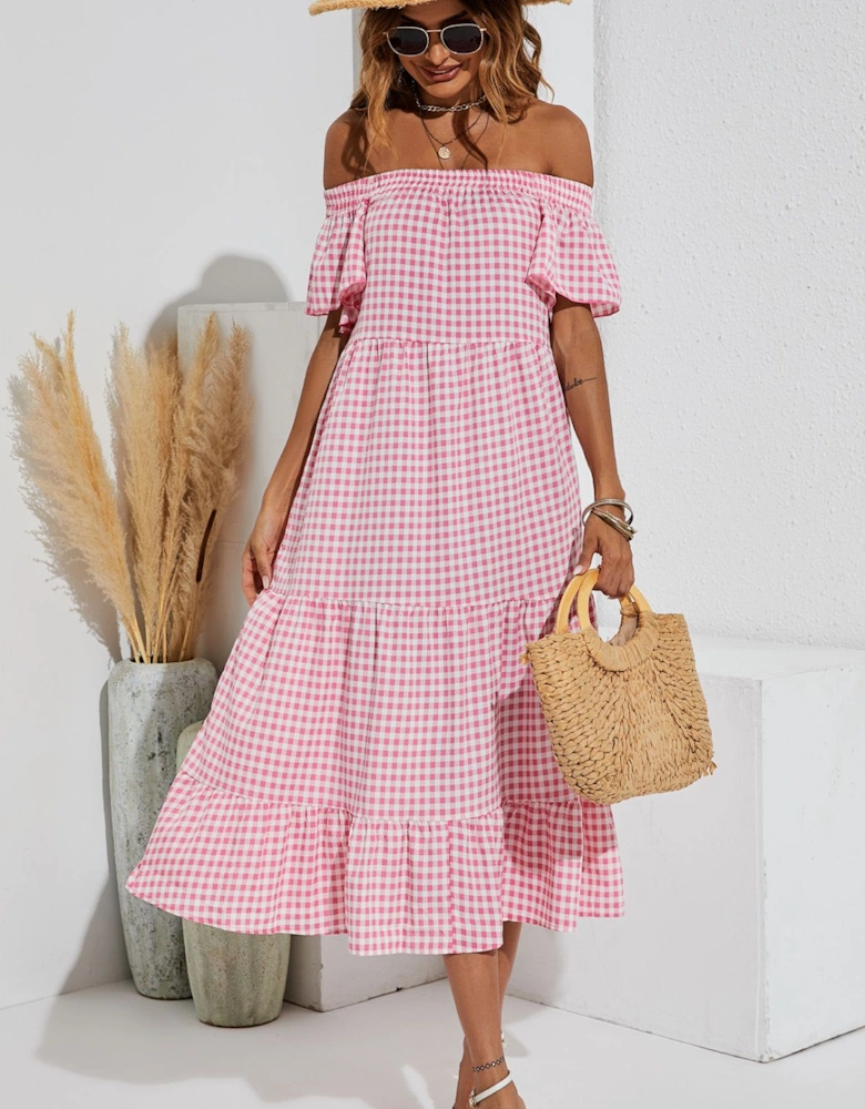 Off Shoulder Bardot Frill Midi Dress In Pink