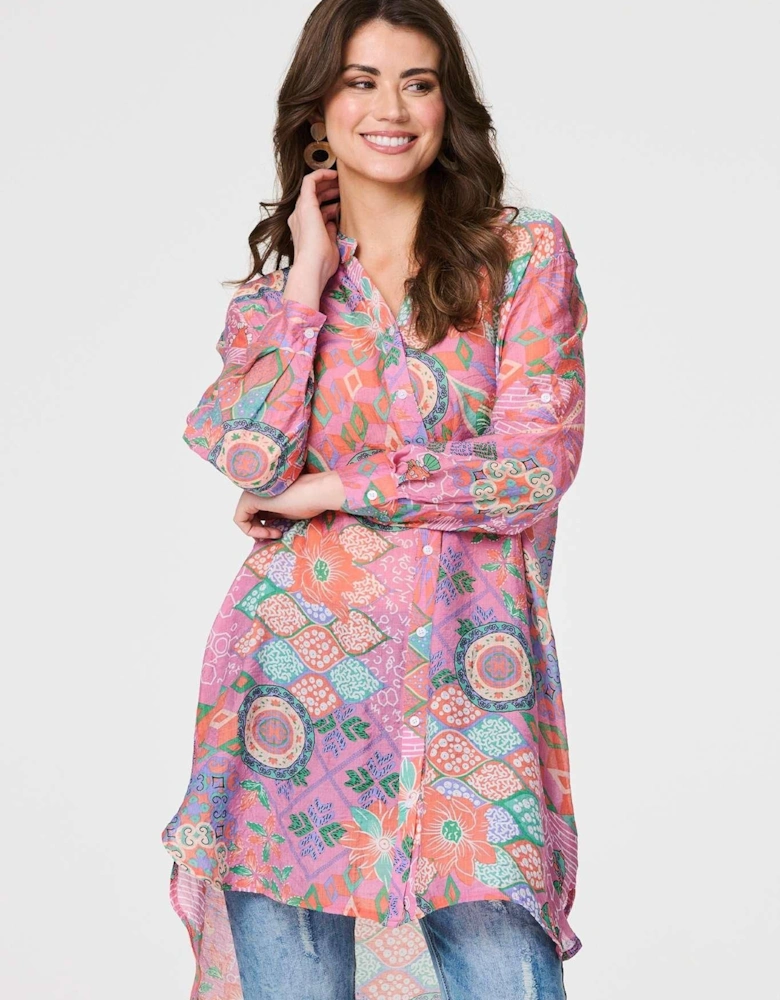 Printed Semi Sheer Longline Blouse