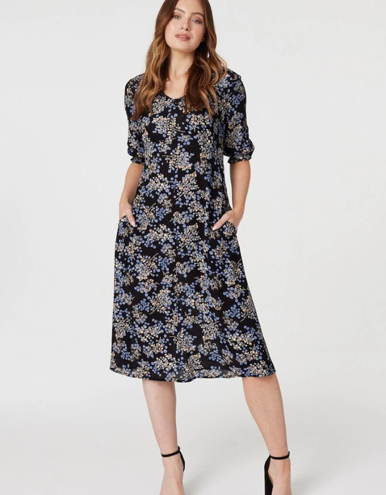 Floral Frill Neck Midi Dress