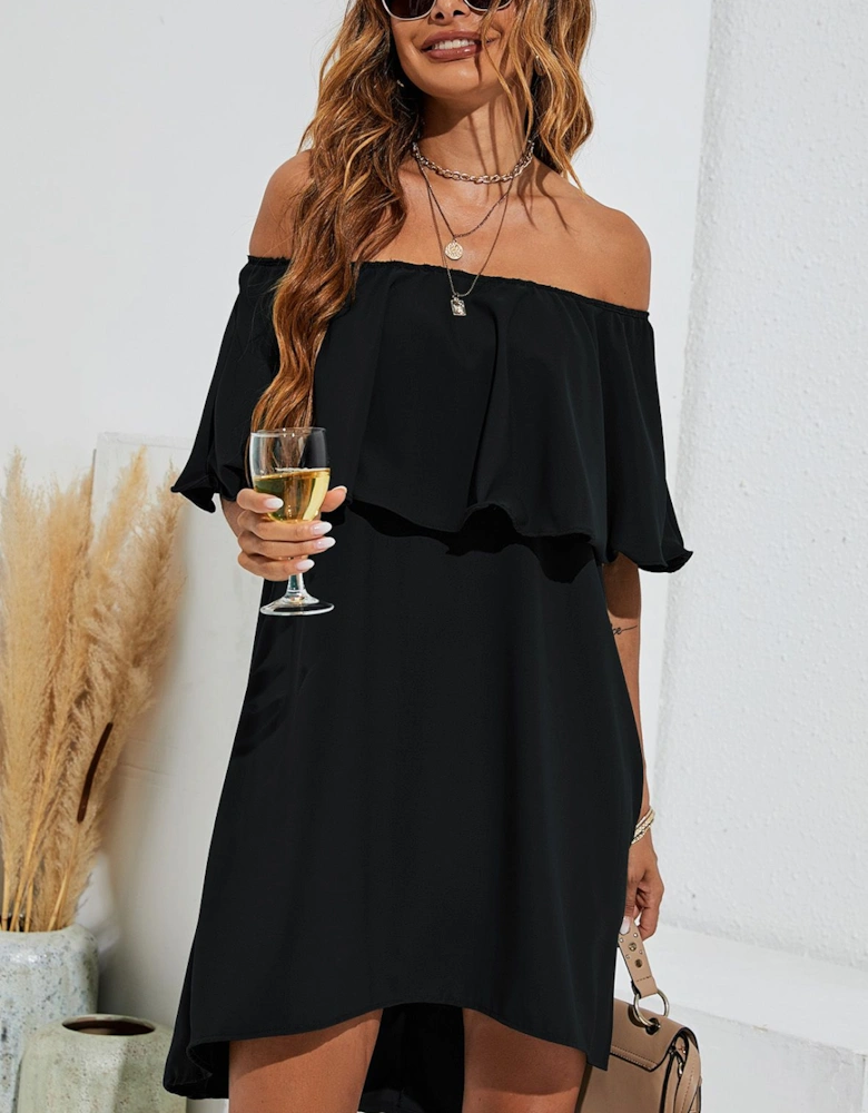 Bardot Frill Off Shoulder Mini Dress In Black