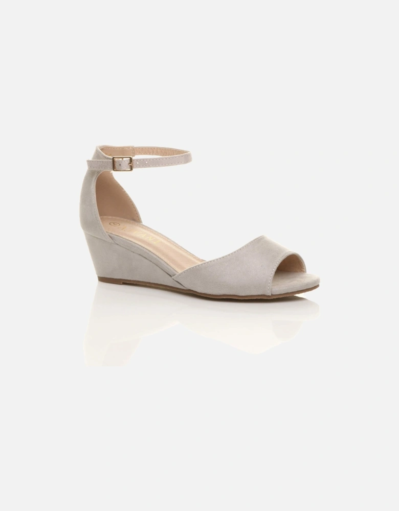 Mid Wedge Heel Ankle Strap Faux Suede Sandals