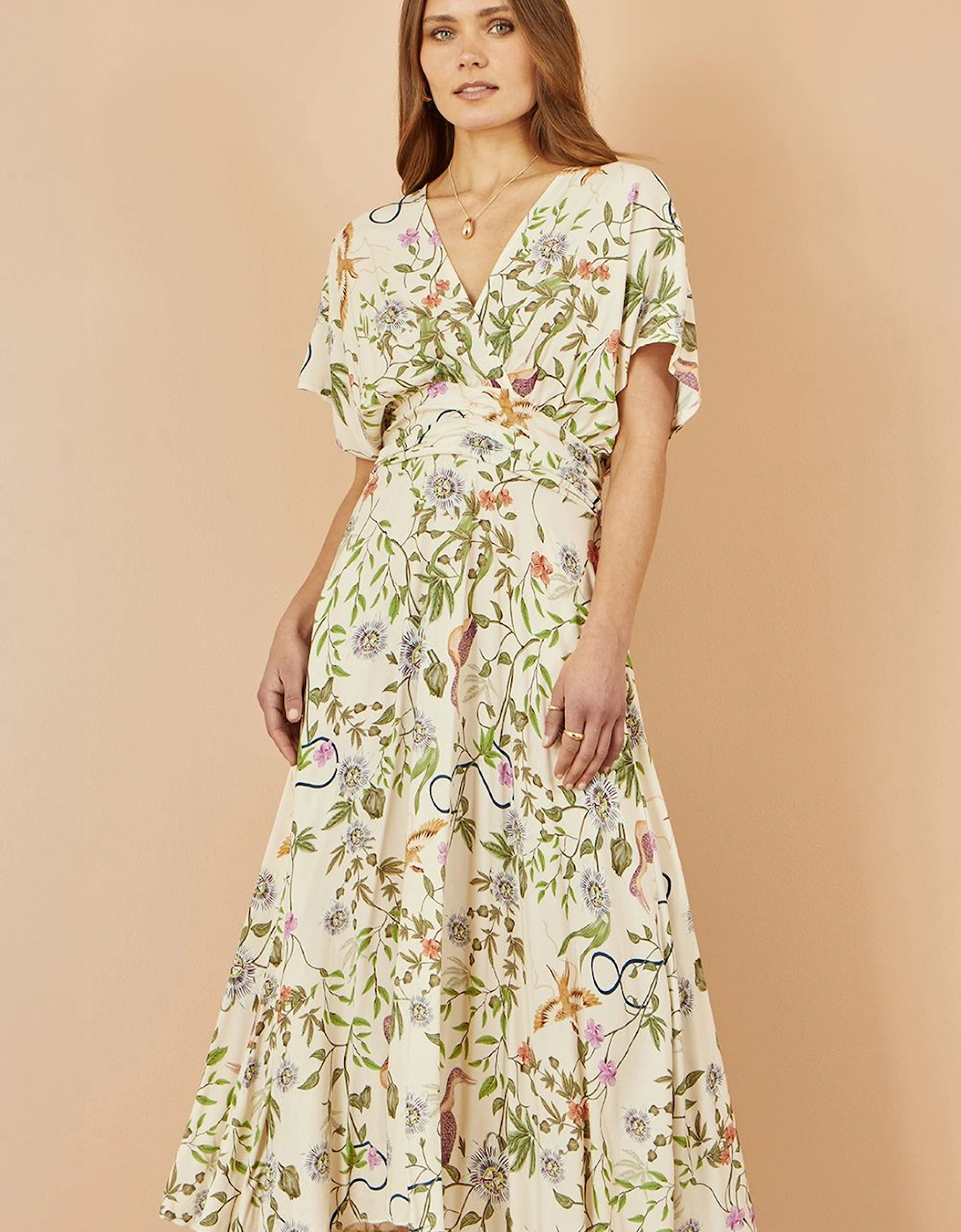 Ivory Floral Print Ruched Waist Midi Dress With Kimono Sleeves, 2 of 1