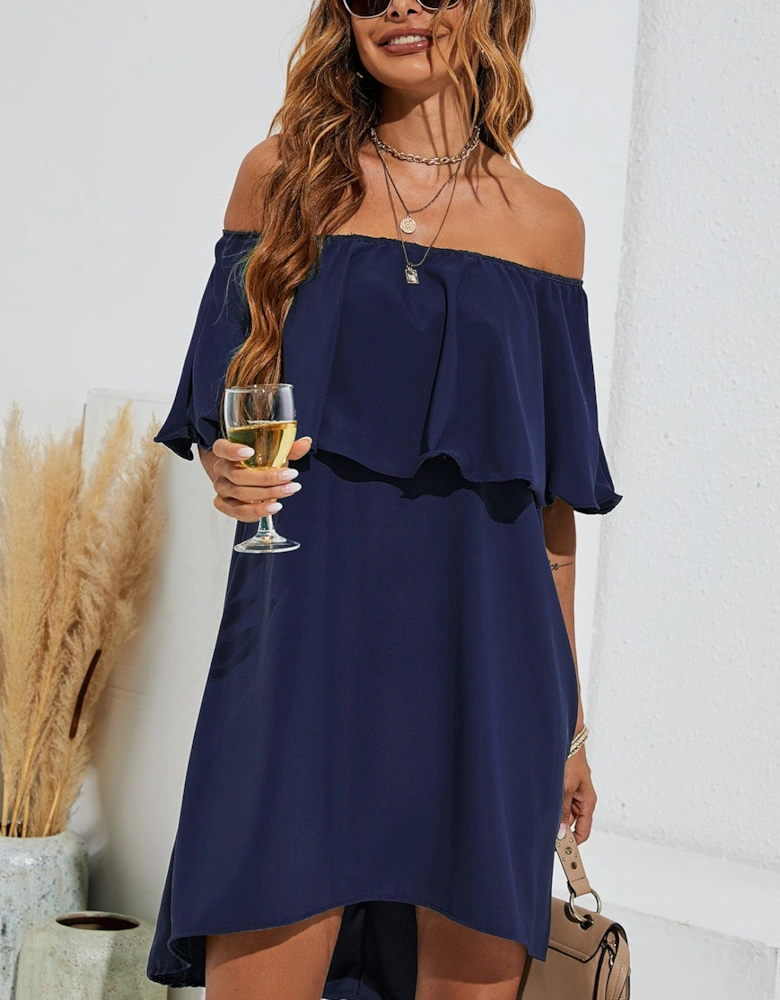 Bardot Frill Off Shoulder Mini Dress In Navy