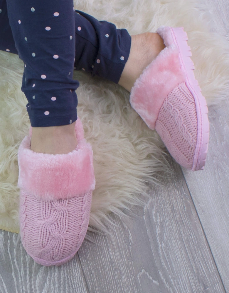 Heel Glitter Cable Knit Faux Fur Lined  Slippers