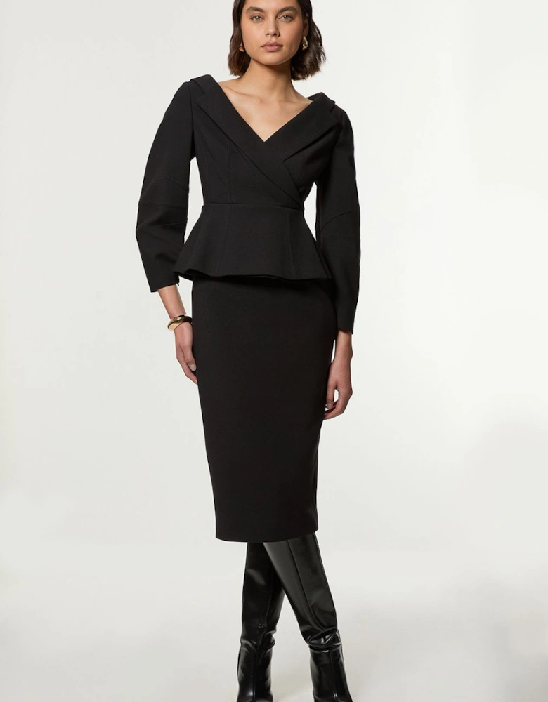 Compact Stretch Tailored Assymetric Peplum Pencil Midiaxi Dress