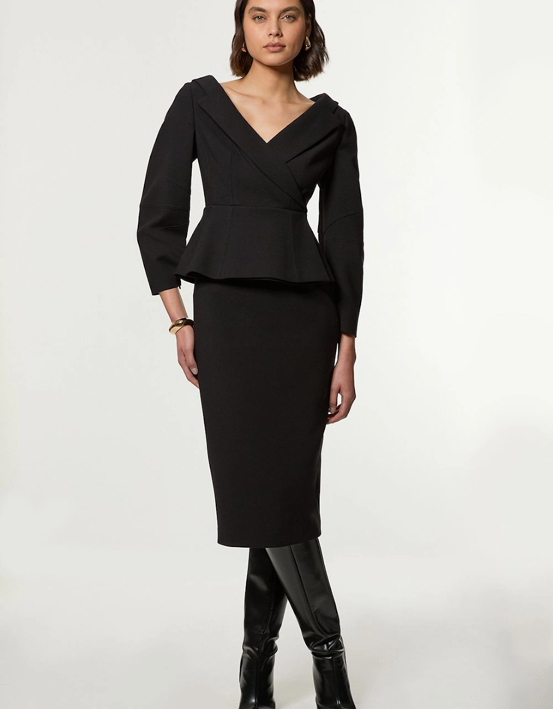Compact Stretch Tailored Assymetric Peplum Pencil Midiaxi Dress, 2 of 1