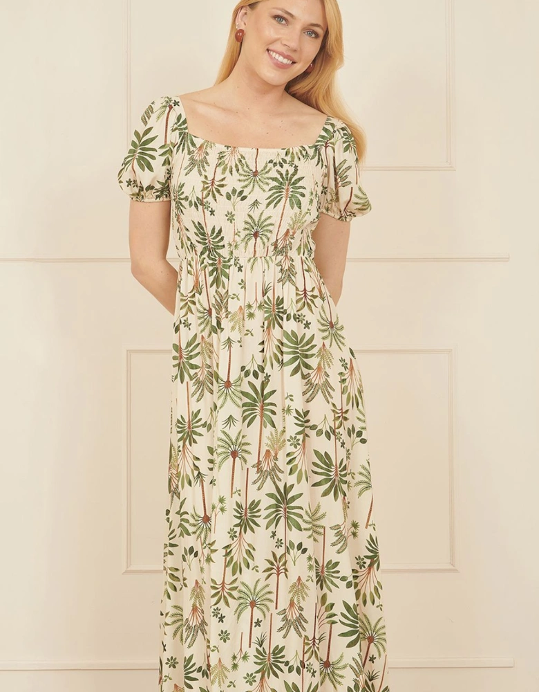White Cotton Palm Print Ruched Midi Dress