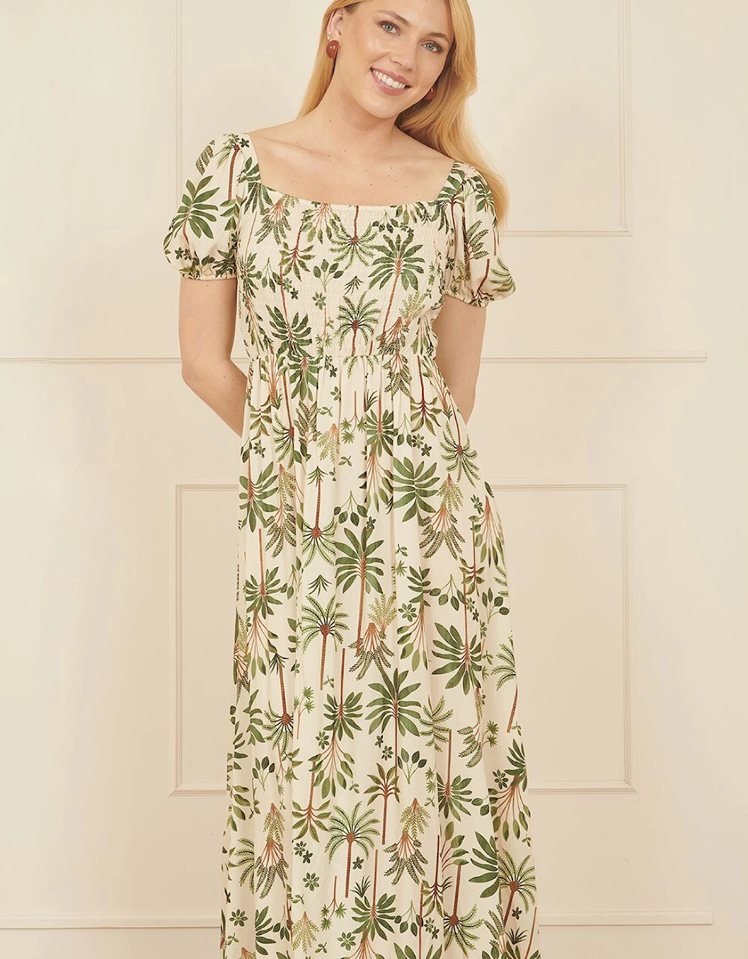 White Cotton Palm Print Ruched Midi Dress, 2 of 1