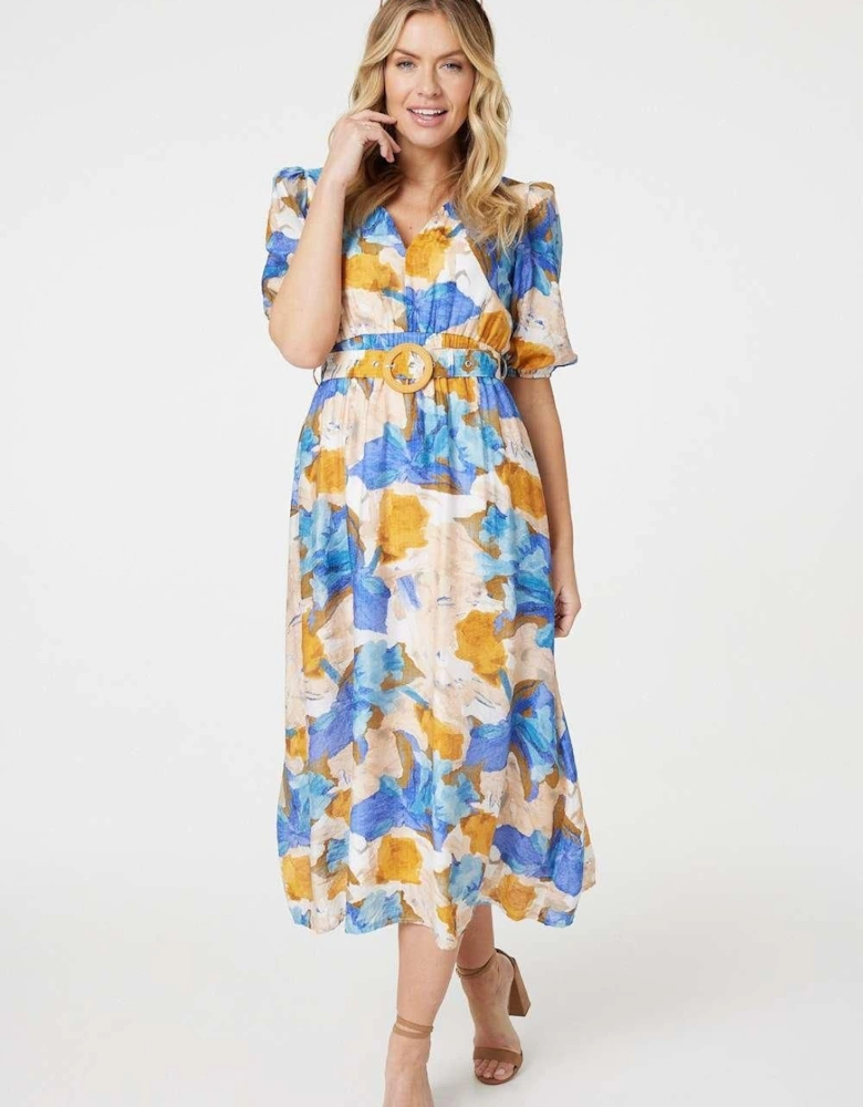 Printed 1/2 Sleeve Belted Midi Dress