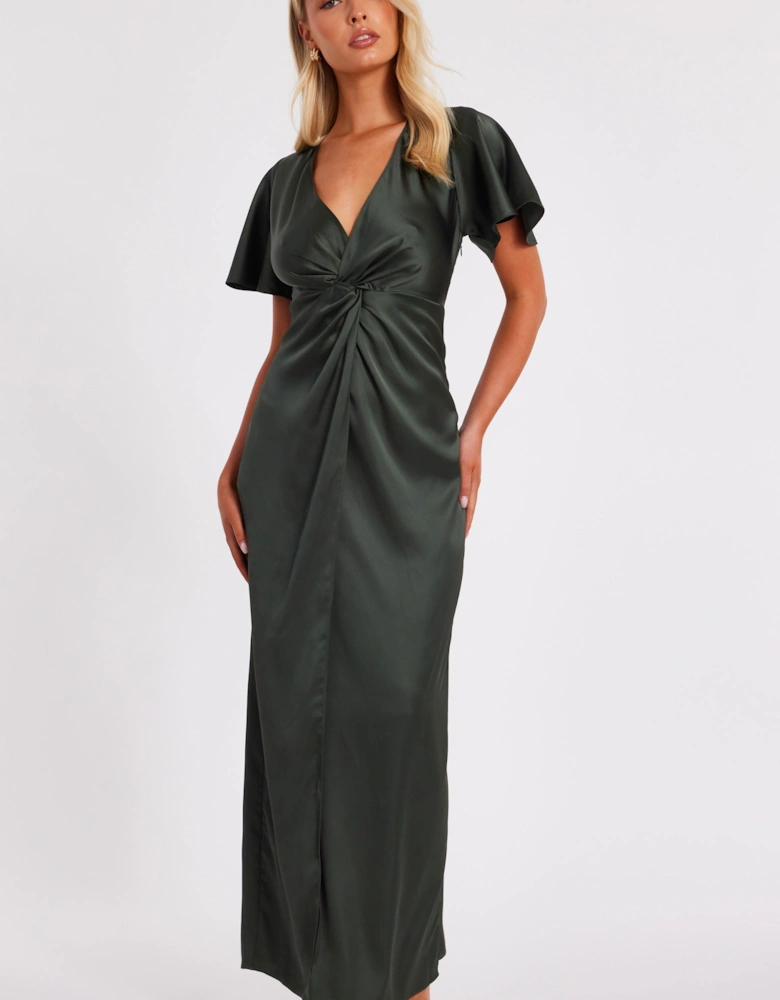 Green Satin Knot Front Maxi Dress