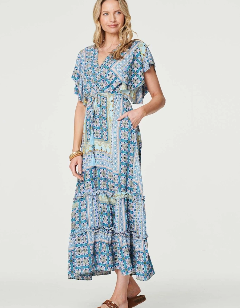 Printed Frill Sleeve Maxi Dress