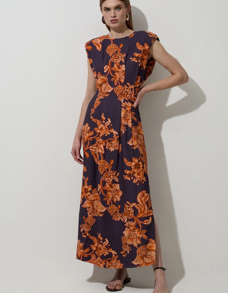 Floral Viscose Linen Pintuck Detail Woven Midaxi Dress