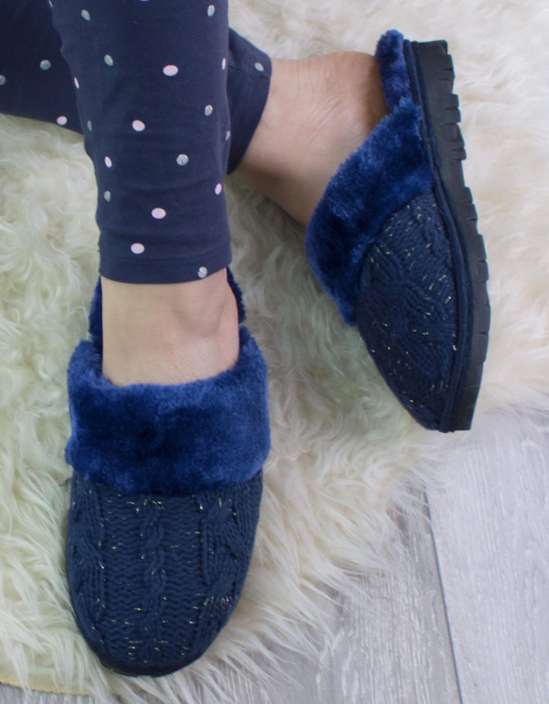 Heel Glitter Cable Knit Faux Fur Lined  Slippers