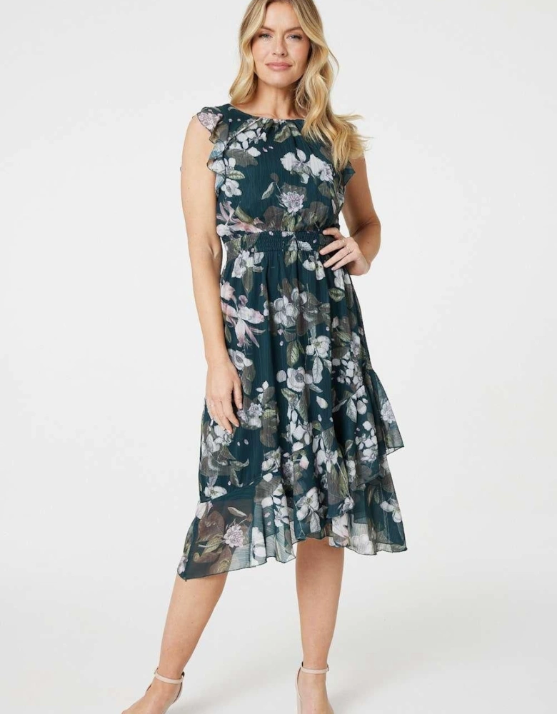 Floral Frill Shirred Midi Dress