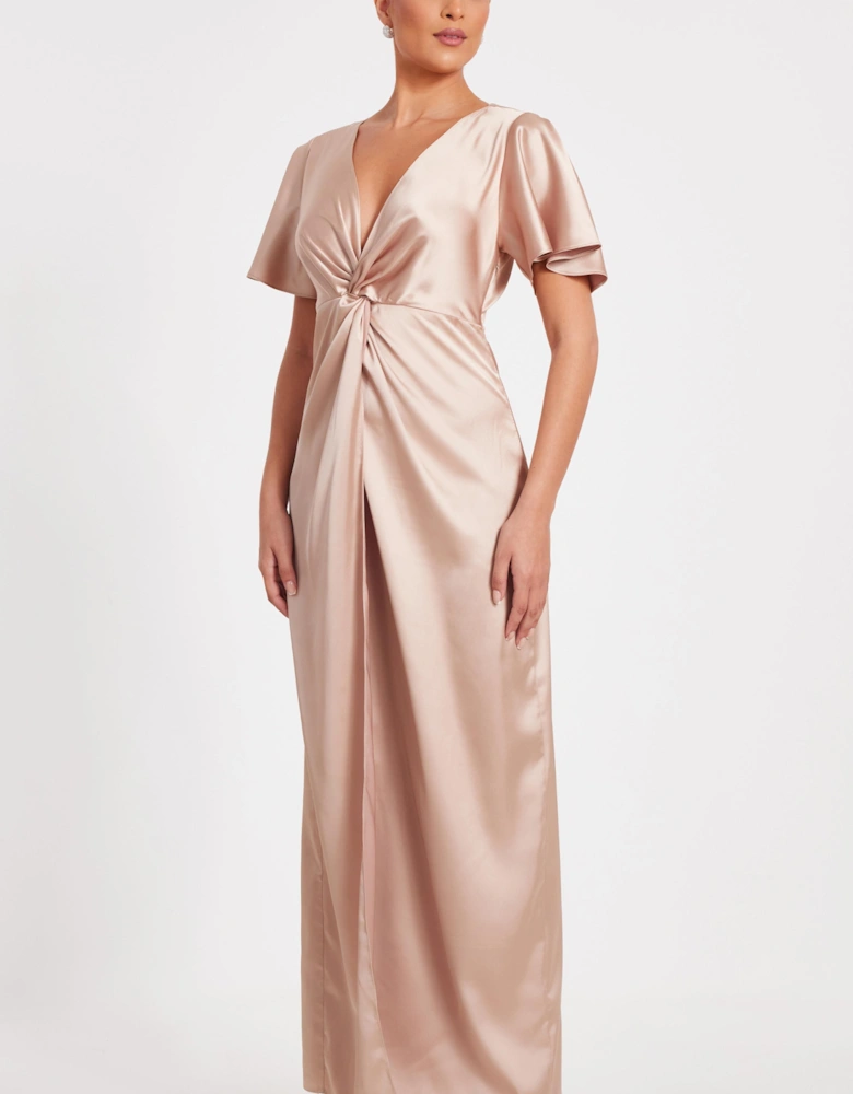 Off White Satin Knot Front Maxi Dress