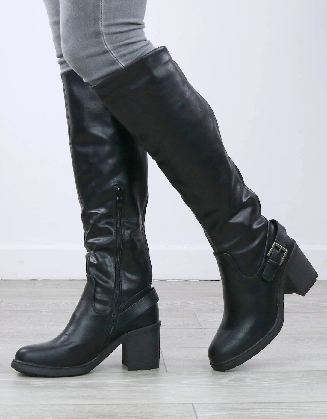 High Block Heel Stretch Calf Biker  Knee High Boots, 2 of 1