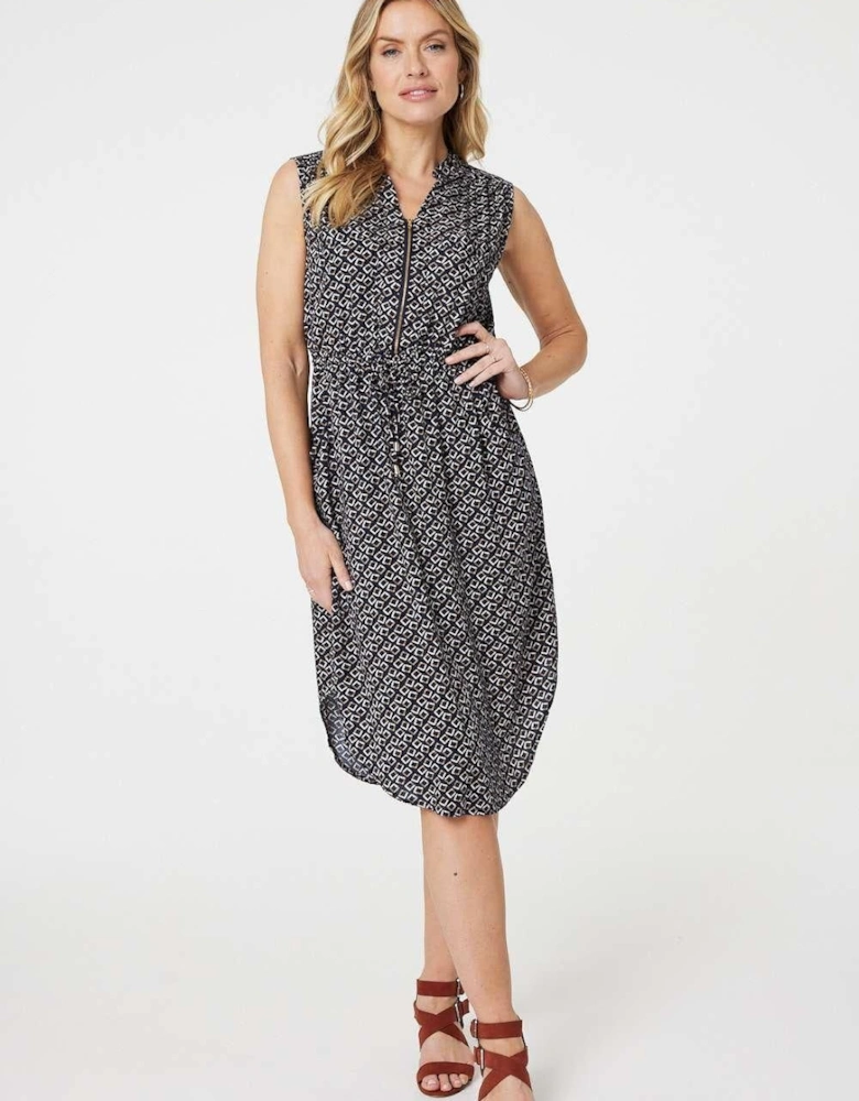 Geo Print Sleeveless Zip Front Midi Dress