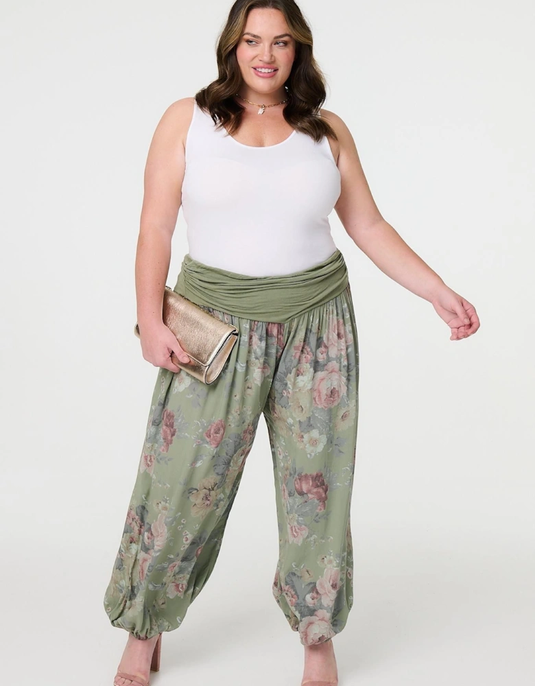 Floral Ruched Waist Harem Trousers