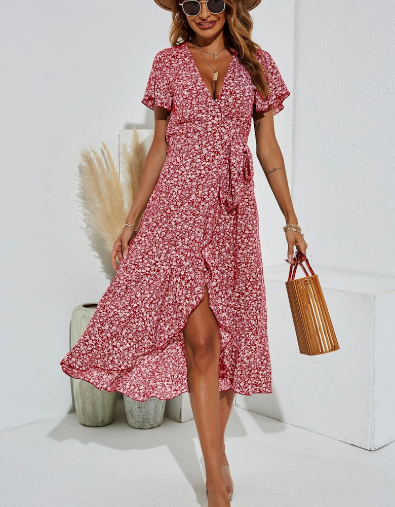 Floral Print Wrap Hem Midi Dress In Red