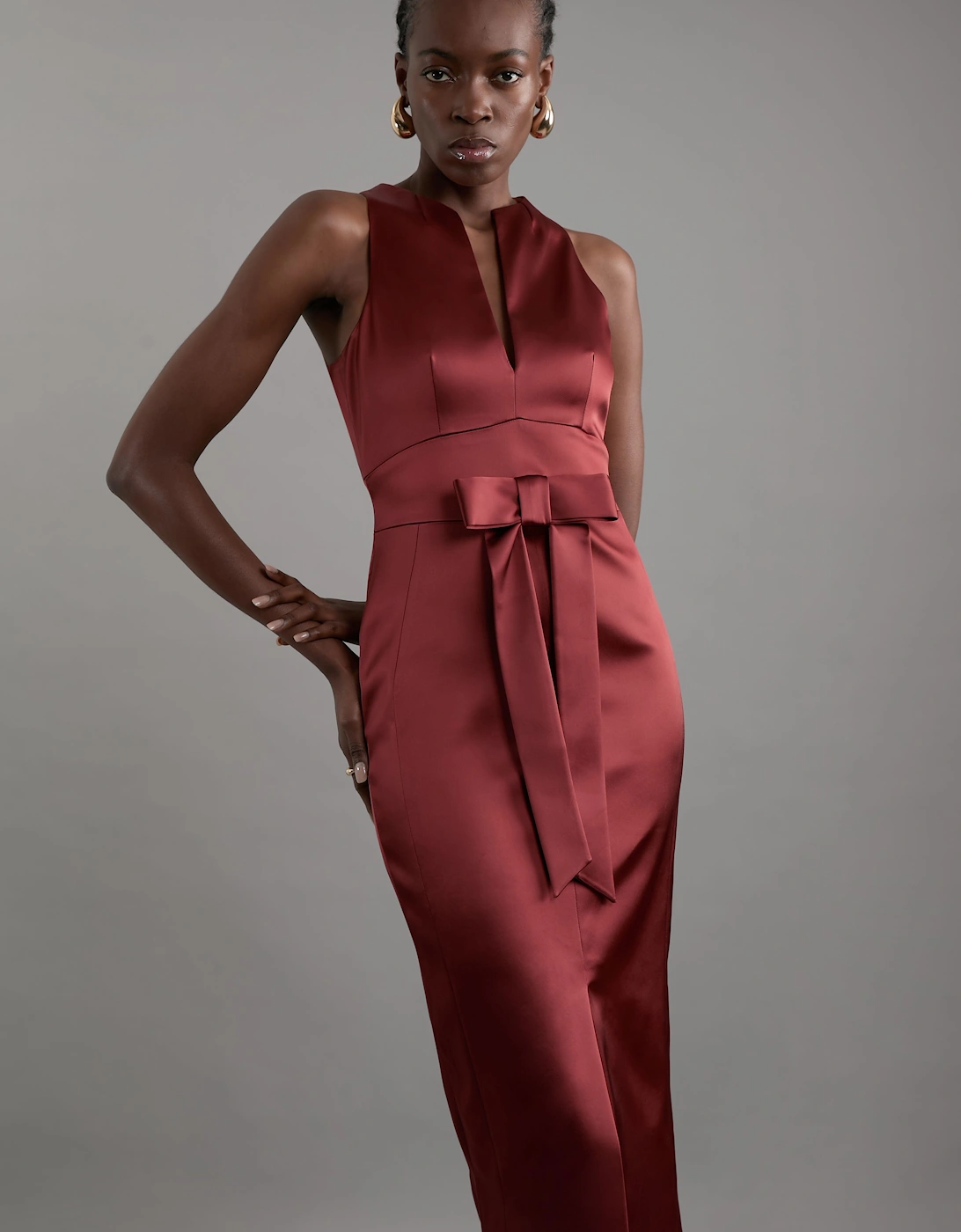 Italian Structured Satin Bow Detail Tailored Midi Dress, 2 of 1
