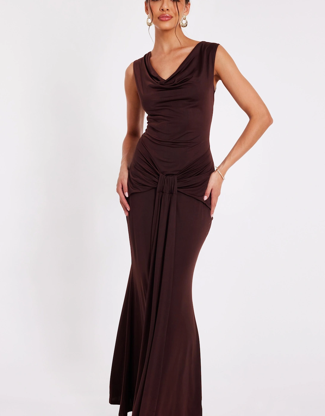 Brown Draped Cowl Neck Maxi Dress, 2 of 1