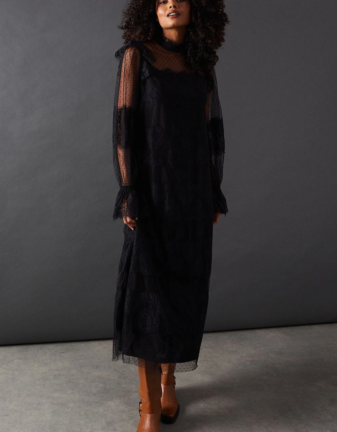 Lace Dobby Ruffle Neck Midi Smock Dress, 2 of 1
