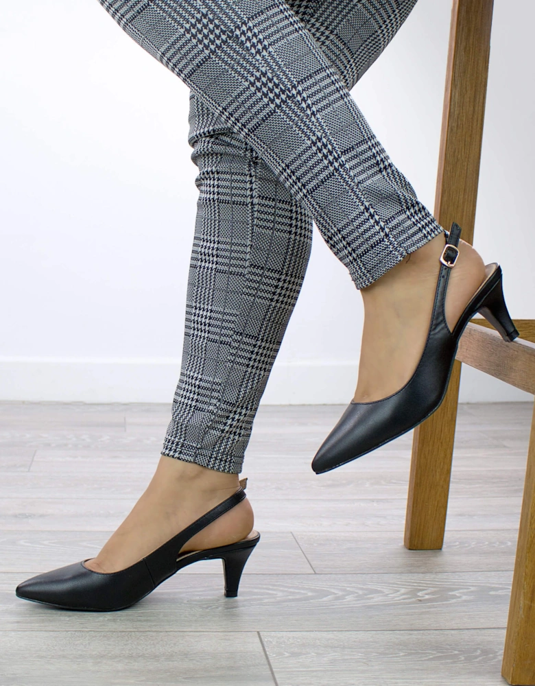 Mid Slim Heel Pointed Toe Slingback 50s Faux Leather Court Shoes