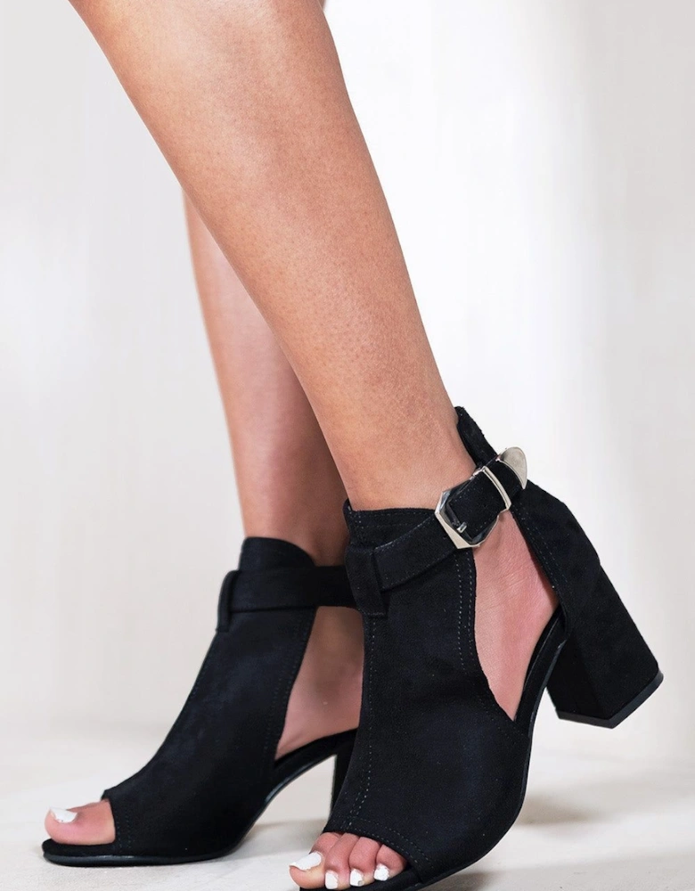 'Lisa' Block Heel With Side Buckle And Open Toe Front Suede