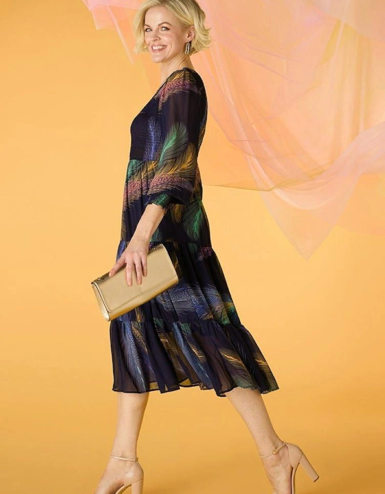 Feather Print Midi Smock Dress