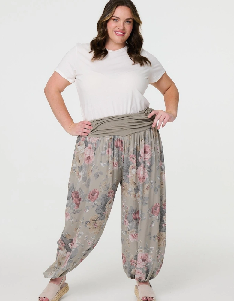 Floral Ruched Waist Harem Trousers
