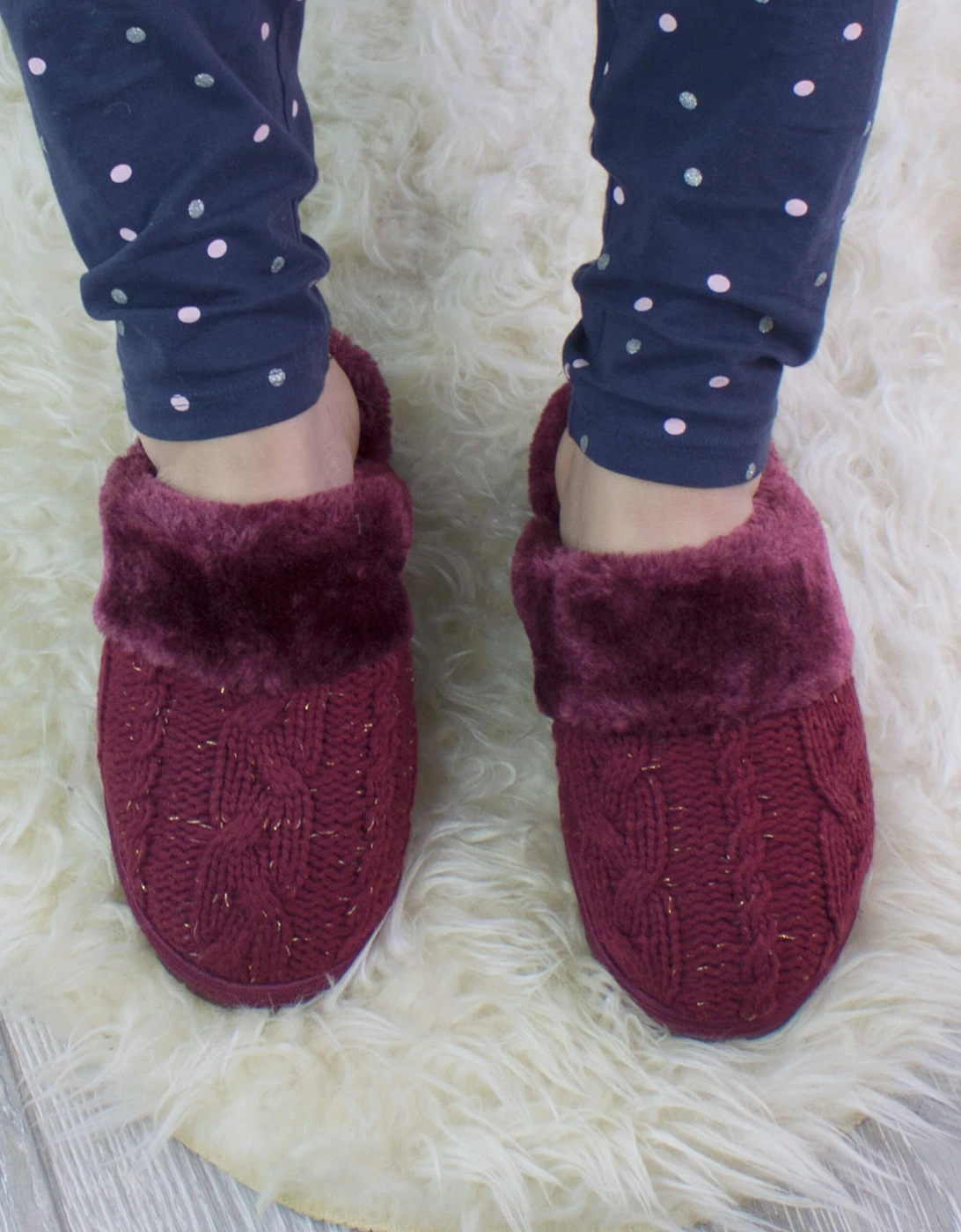 Heel Glitter Cable Knit Faux Fur Lined  Slippers, 2 of 1