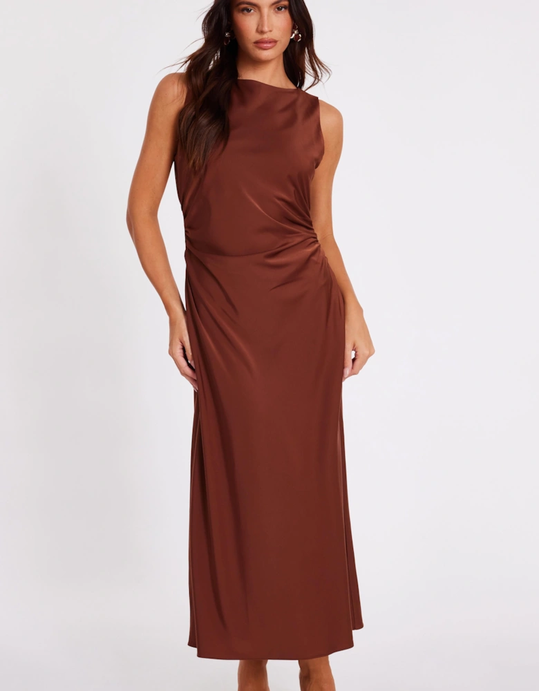 Brown Satin Ruched Midi Dress