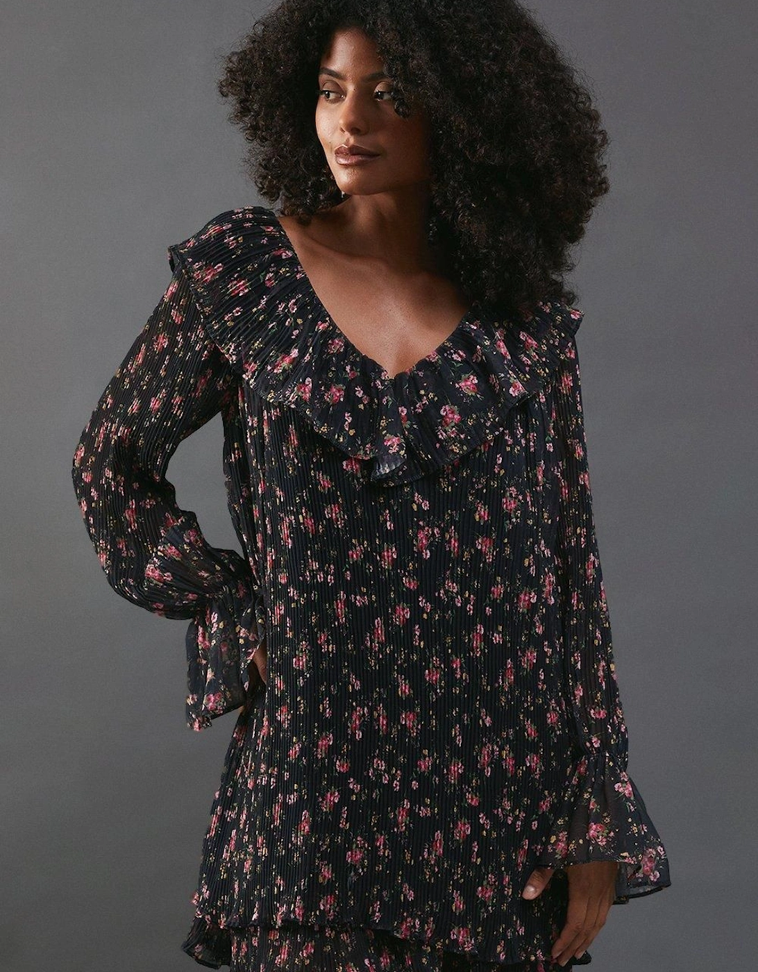 Floral Pleated Chiffon V Neck Mini Swing Dress, 2 of 1