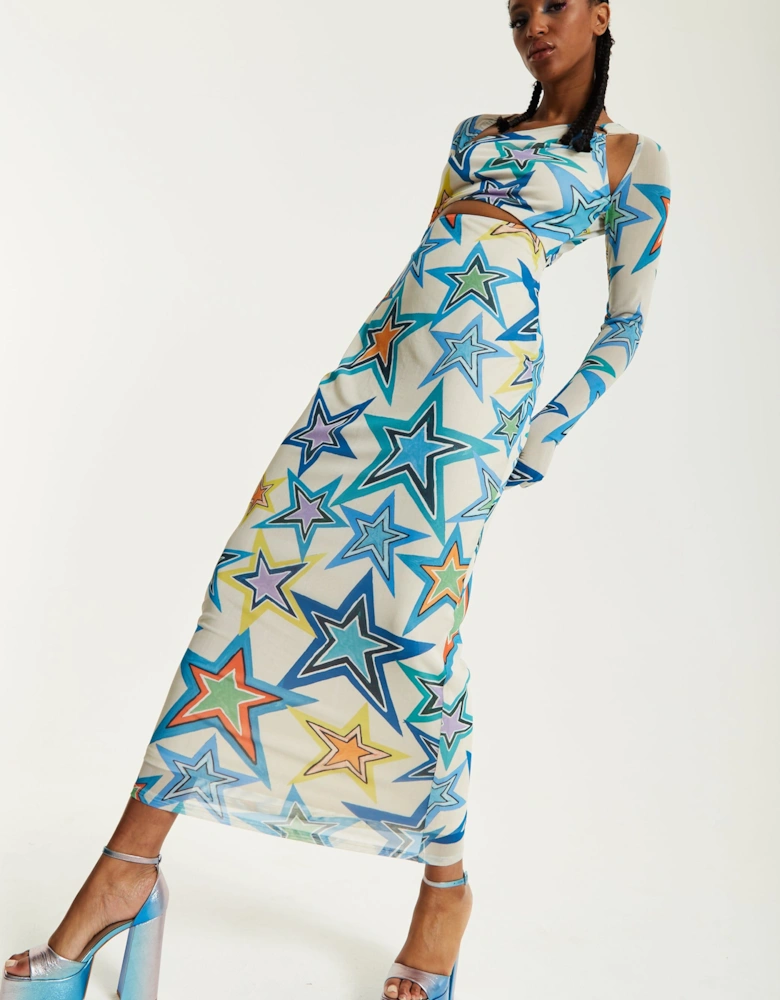 Star Print Maxi Dress With Cut Out Details