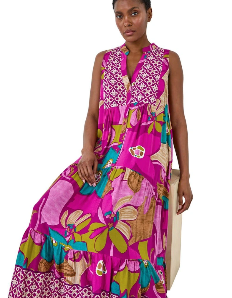 Boho Floral Print Smock Maxi Dress