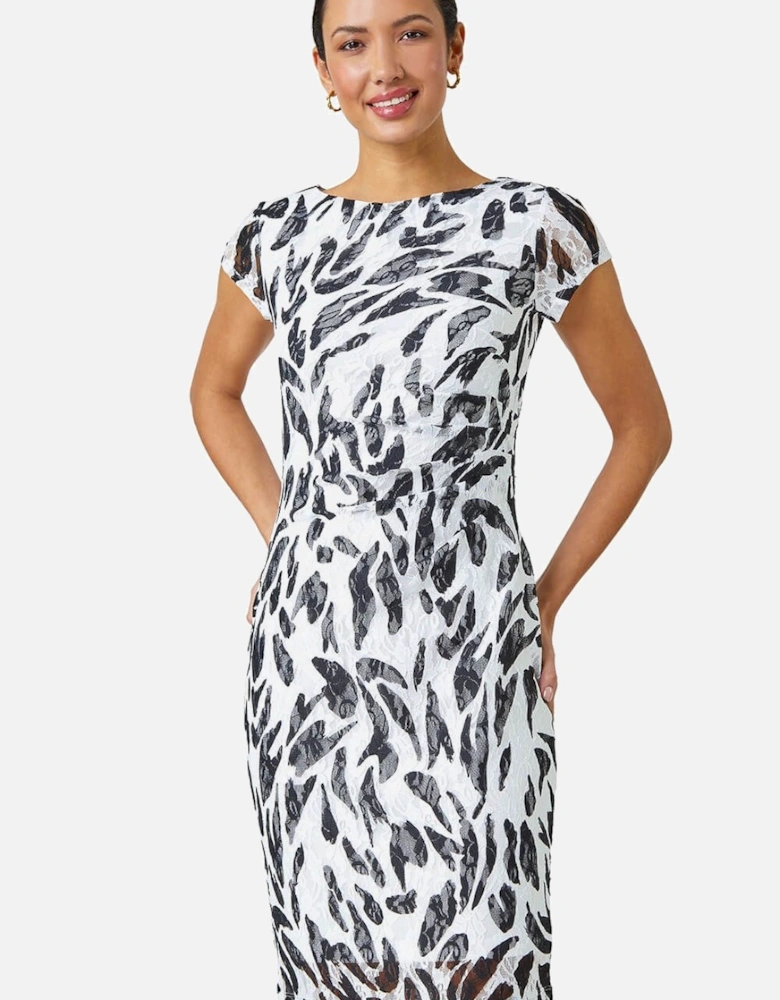 Leaf Print Stretch Bodycon Lace Dress