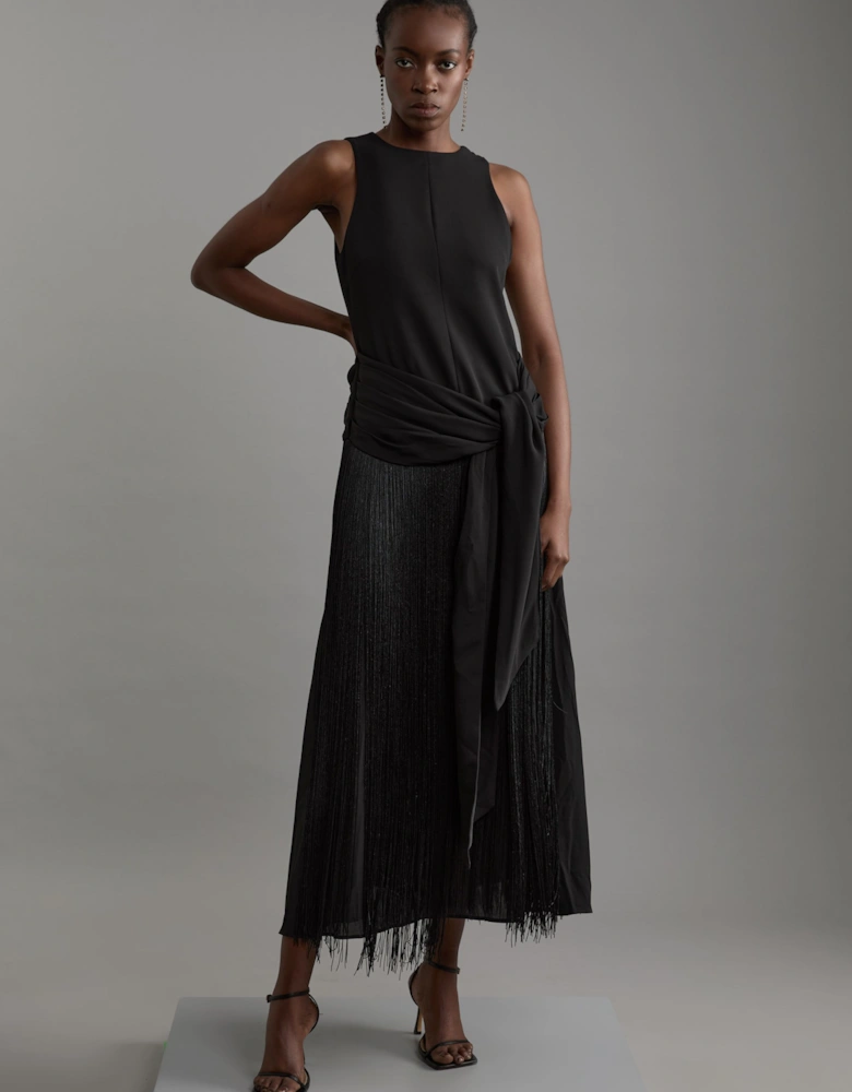Fringe Tassle Halter Neck Tailored Maxi Dress