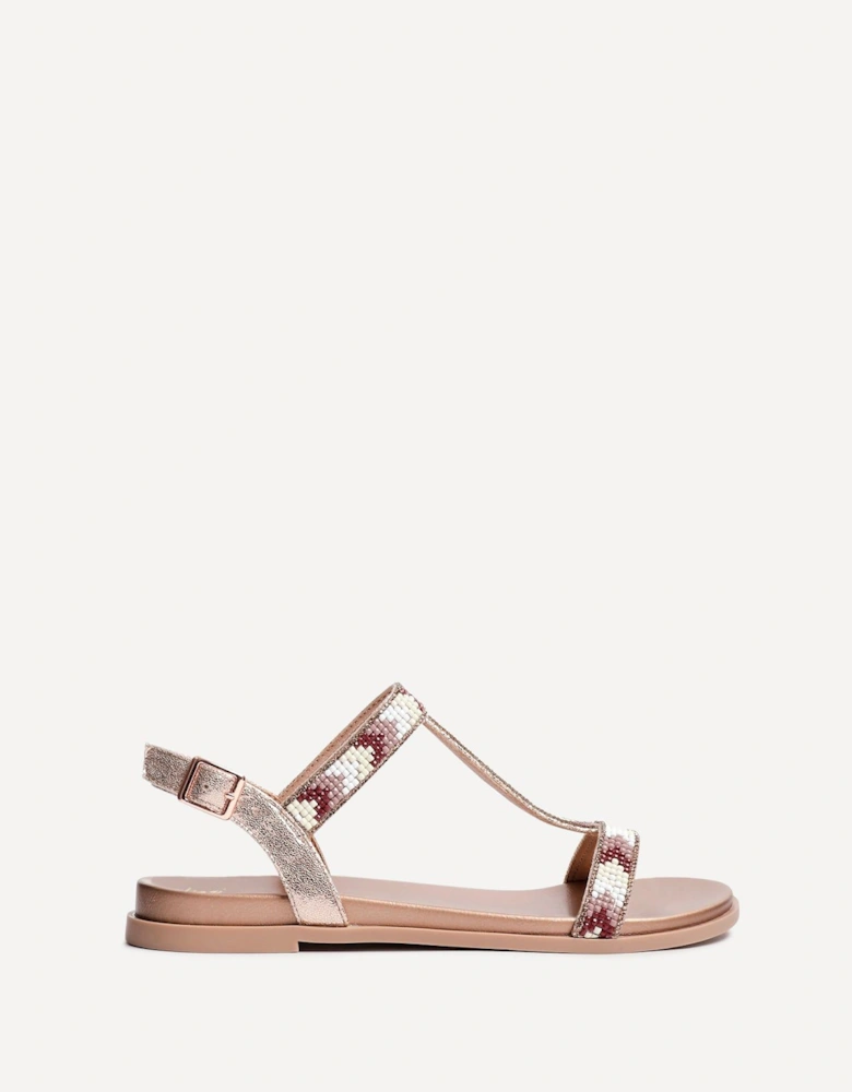 Sandie Rose Gold Faux Leather T-Bar Embellished Flat Sandals