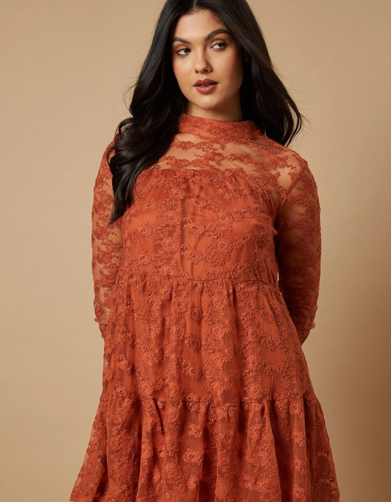 Embroidered Mesh High Neck Tier Smock Mini Dress
