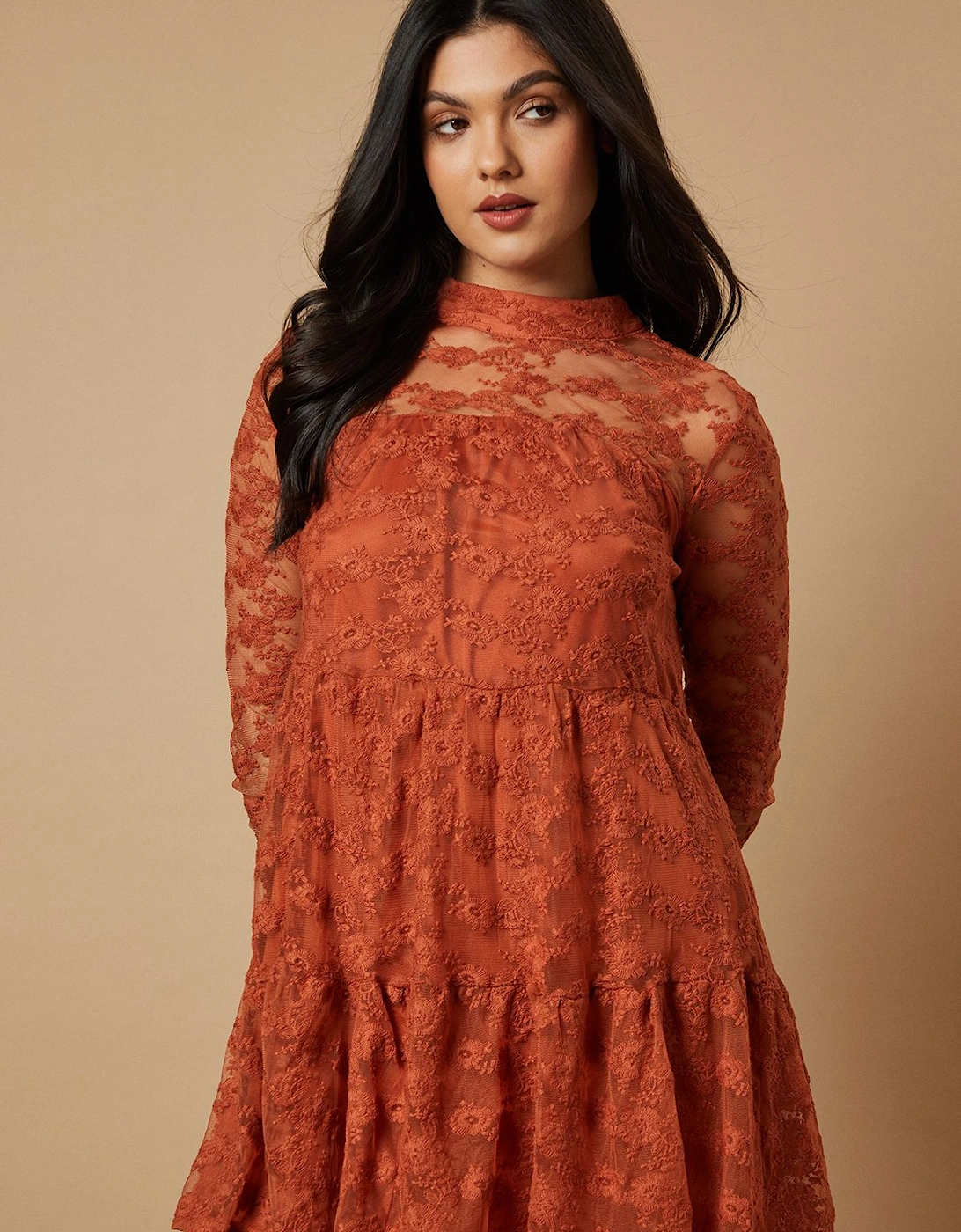 Embroidered Mesh High Neck Tier Smock Mini Dress, 2 of 1