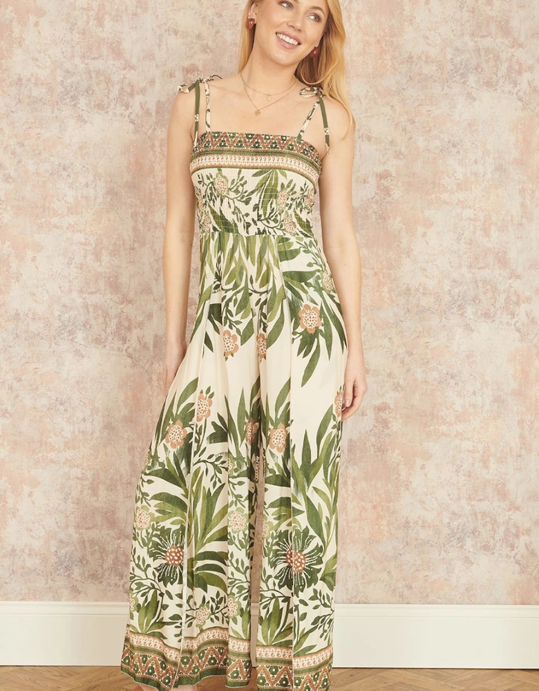 Green Palm Print Strappy Viscose Jumpsuit
