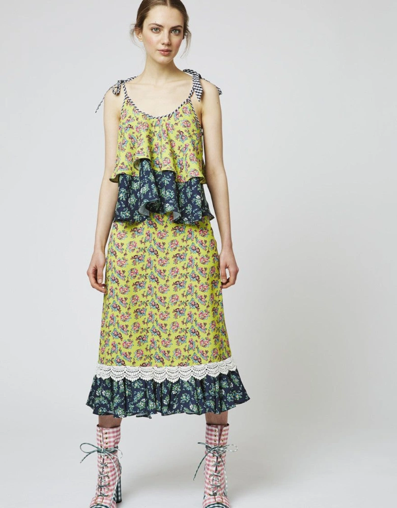 Crepe Ditsy Frill Hem Midi Skirt