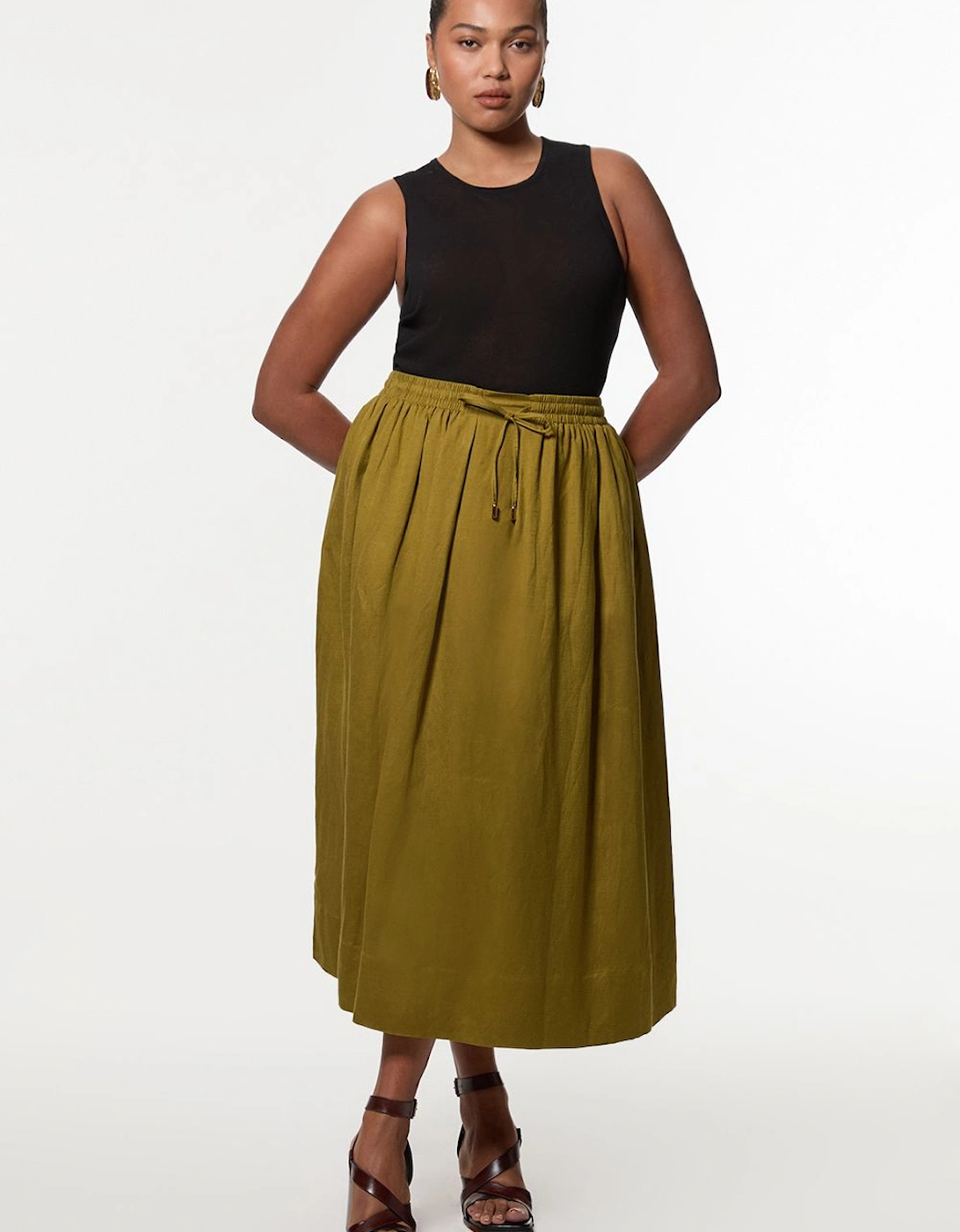 Plus Size Viscose Linen Tie Waist Woven Full Maxi Skirt, 2 of 1