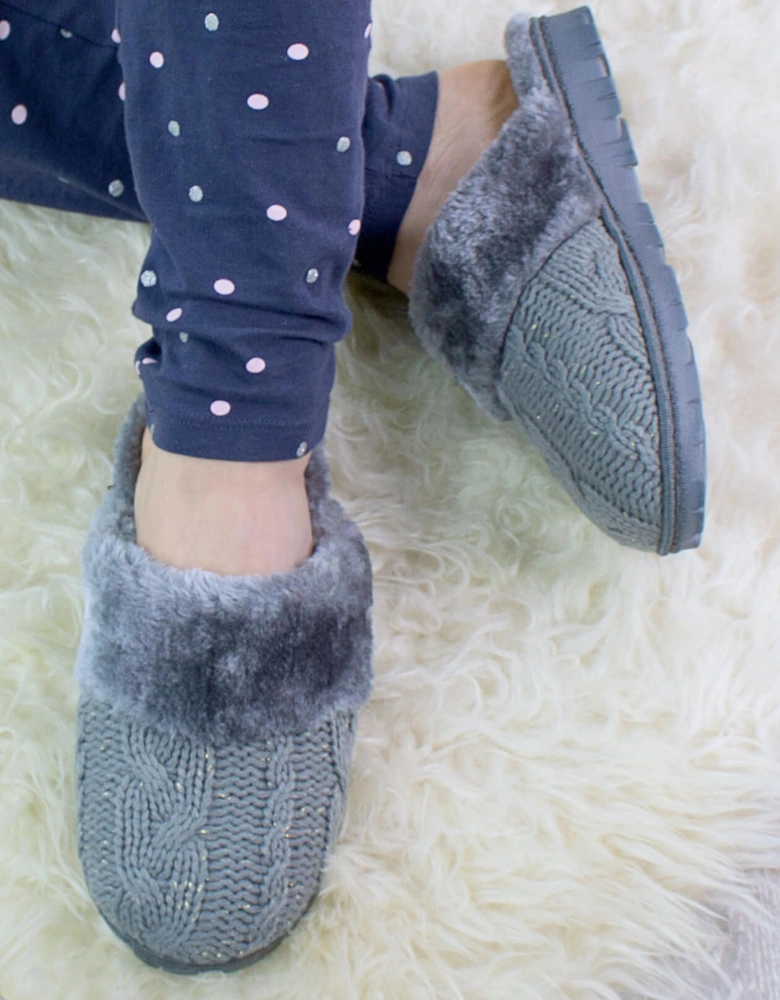 Heel Glitter Cable Knit Faux Fur Lined  Slippers