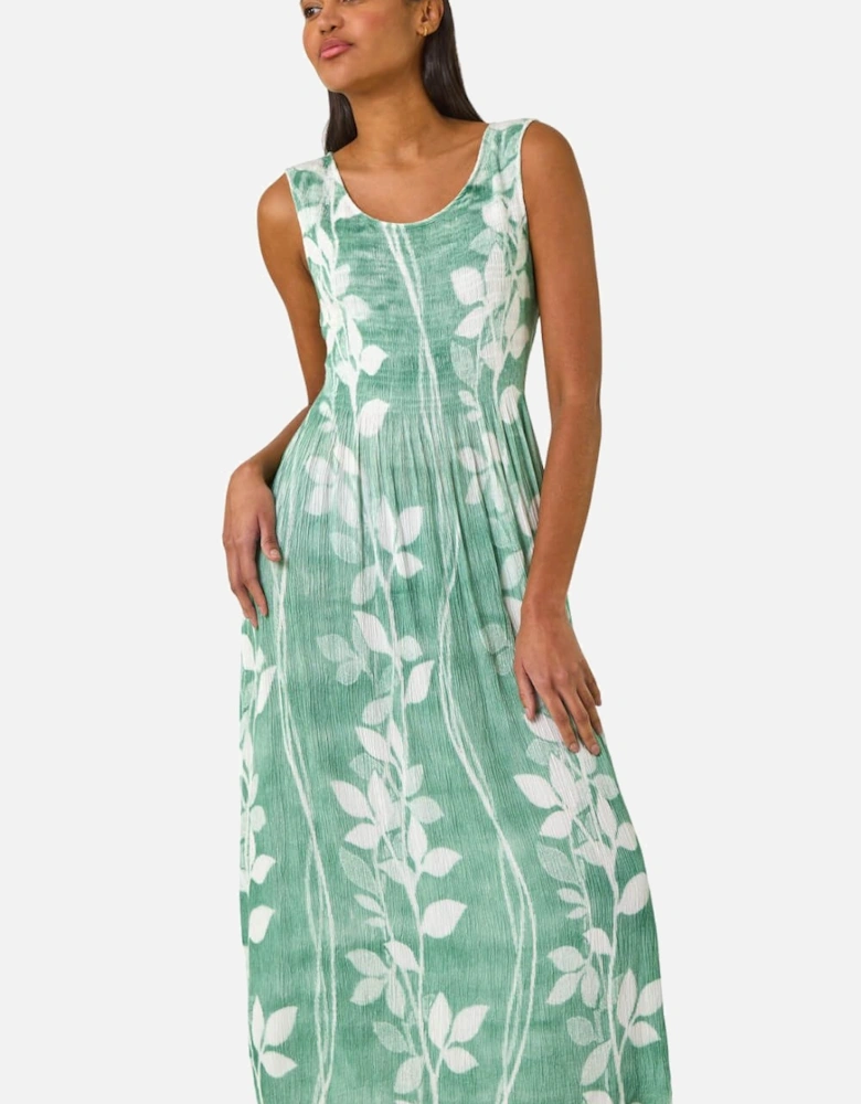 Leaf Print Shirred Bodice Midi Dress