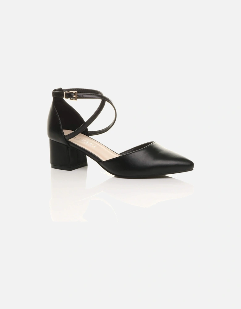 Mid Block Heel Crossed Strap Pointed Toe Faux Leather 2 Part Heels