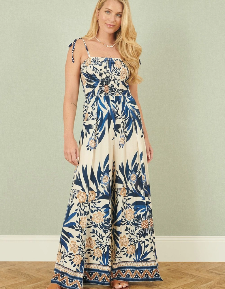 Navy Palm Print Strappy Viscose Jumpsuit