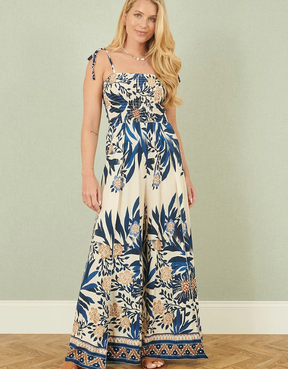 Navy Palm Print Strappy Viscose Jumpsuit, 2 of 1