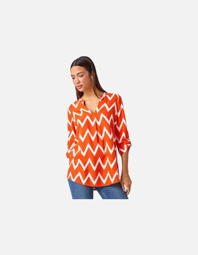 Zig Zag Print V-Neck Pleat Detail Tunic Top